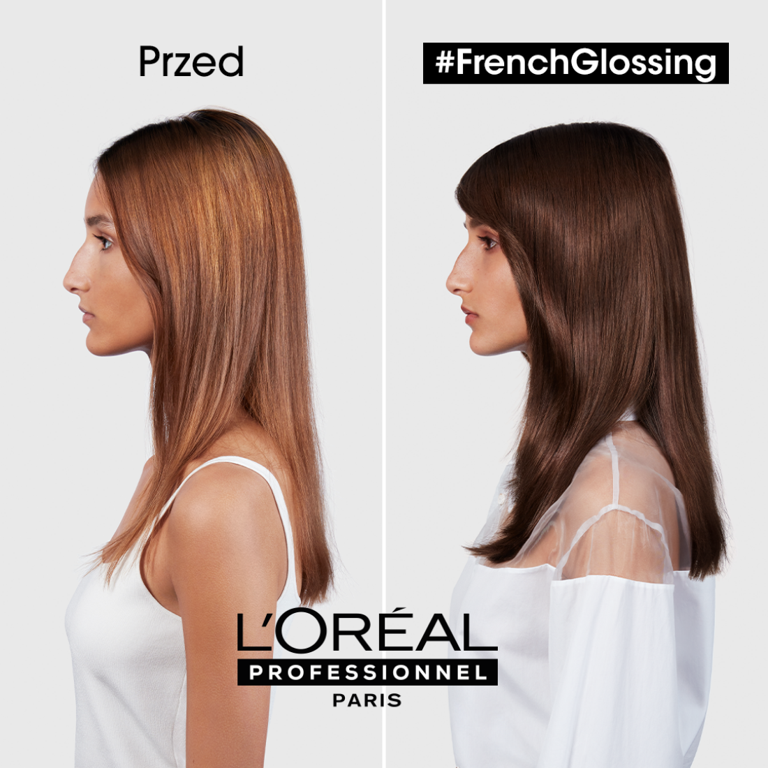 Modelka przed i po koloryzacji French Glossing